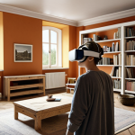 A student wearing a VR headset, exploring a realistic, ancient Roman ruin projected within a modern Swedish living room. Bookshelves and IKEA furniture are visible in the background, juxtaposing the ancient world with a contemporary Swedish setting. The scene emphasizes immersive learning and the blending of technology with everyday life.