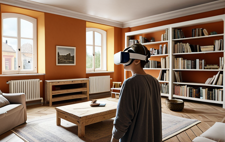 A student wearing a VR headset, exploring a realistic, ancient Roman ruin projected within a modern Swedish living room. Bookshelves and IKEA furniture are visible in the background, juxtaposing the ancient world with a contemporary Swedish setting. The scene emphasizes immersive learning and the blending of technology with everyday life.