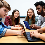 ** Students collaborating on a virtual project using digital tools. Focus on teamwork, communication, and engagement in a modern online learning environment.

**