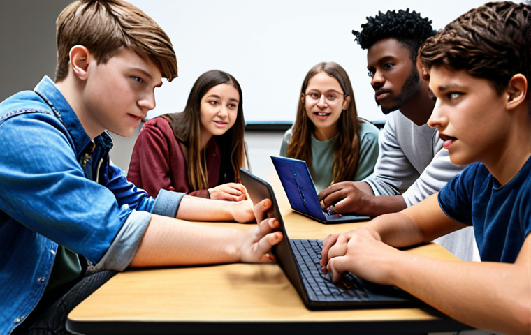 ** Students collaborating on a virtual project using digital tools. Focus on teamwork, communication, and engagement in a modern online learning environment.
**