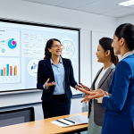 A diverse group of adult students, fully clothed in modest business casual attire, collaboratively interacting within a bright, modern virtual classroom interface. The scene features multiple video feeds of engaged students, a shared digital whiteboard displaying complex diagrams and notes, and one student actively gesturing towards their screen. The atmosphere reflects focused teamwork and collaborative learning. Professional photography, high detail, vibrant colors, perfect anatomy, correct proportions, natural pose, well-formed hands, proper finger count, natural body proportions, safe for work, appropriate content, professional, family-friendly.